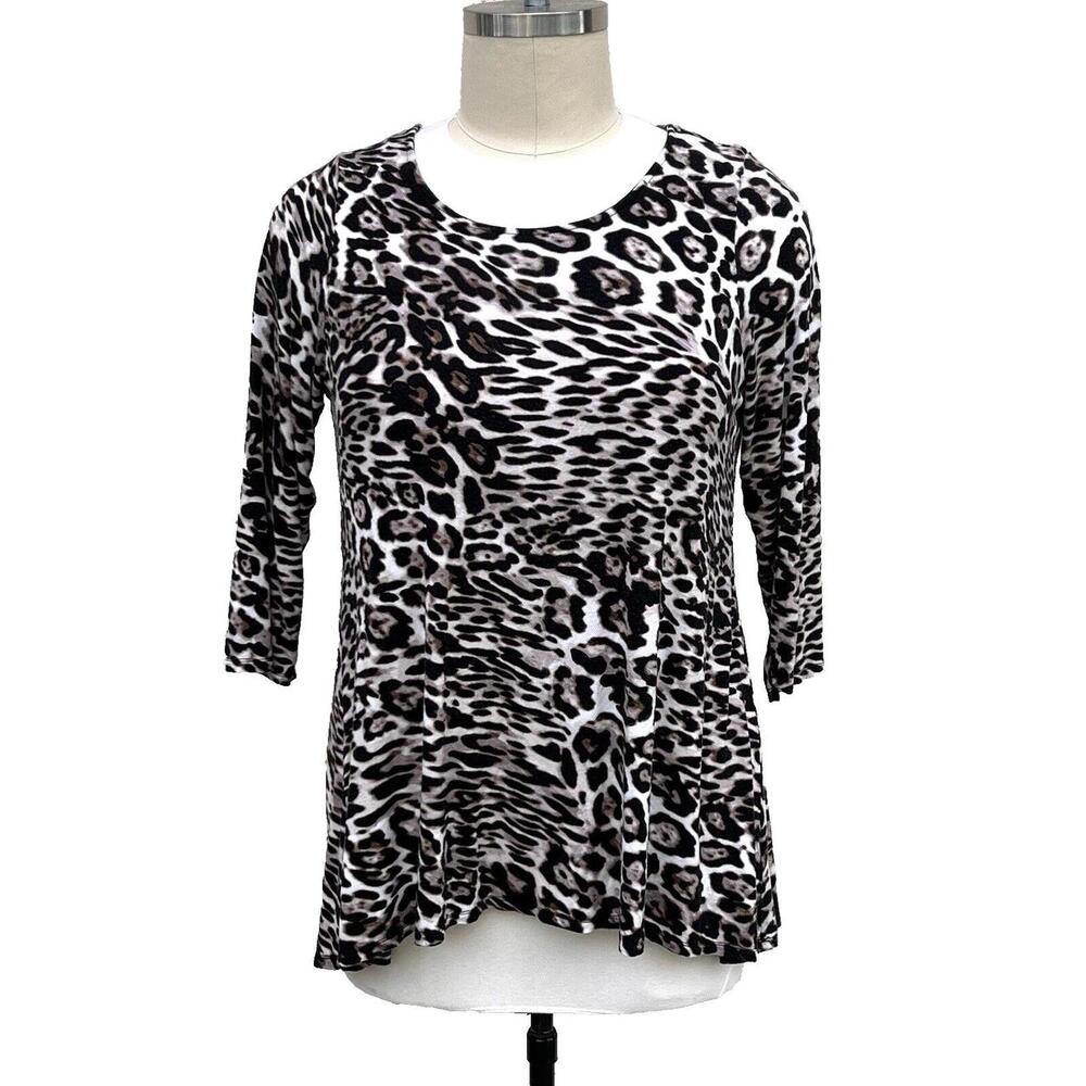 Intro - Woman's Leopard Print Stretchy Round Neck 3/4 Sleeve Tunic Top 2XL